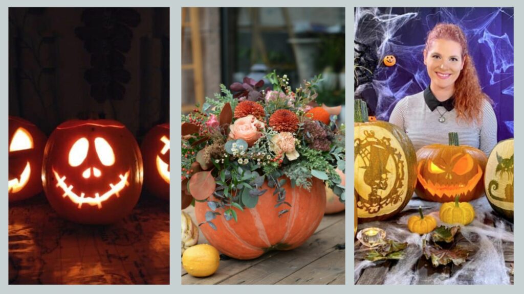 Pumpkin carved faces, pumpkin flower arrangement and pumpkin workshop, all available to book for Halloween pumpkin party theme.