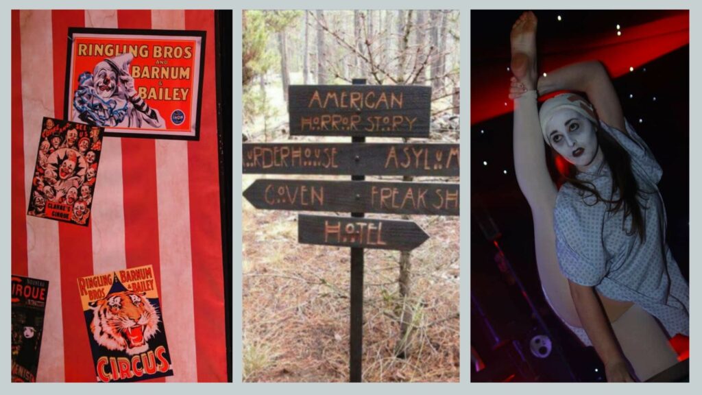 Freak show posters, American horror story signage and asylum contortionists booked for American Horror Story Halloween party theme.