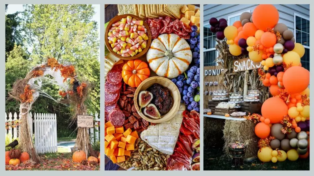 Harvest festival decorations, grazing board and snack station for alternative Halloween themed party idea.