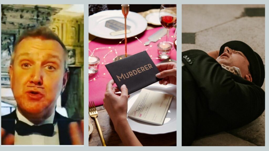 Murder mystery actors and murder mystery cards used at Halloween themed party.