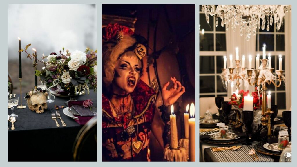 Halloween gothic table decorations, character and candelabra.