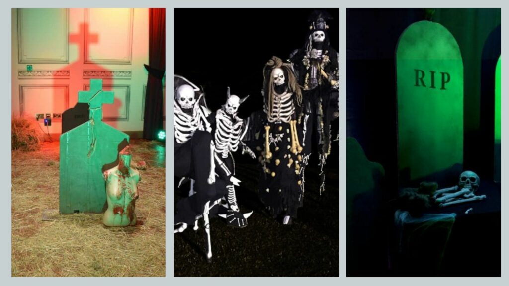 Headstones, skeleton characters and spooky lighting used for graveyard themed Halloween party.