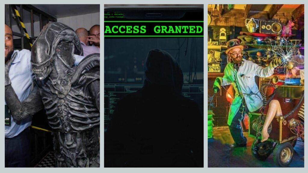 Alien monster character, escape room digital display and mad scientist performers available to book for Science experiment gone wrong Halloween party theme.