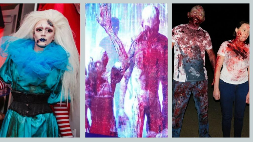 Zombie drag queen, zombie projections and walkabout zombie entertainment booked for zombie apocalypse themed halloween party.