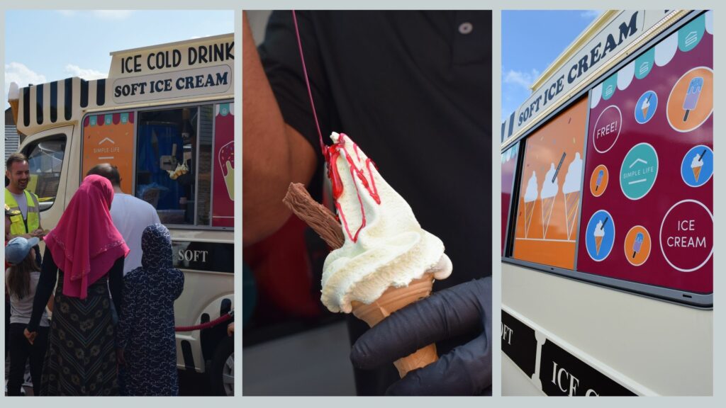 Simple life Branded ice cream van and tenants eating their ice cream at community event.