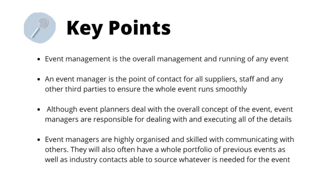 Key points as to why booking an event manager is more beneficial than booking an event planner.