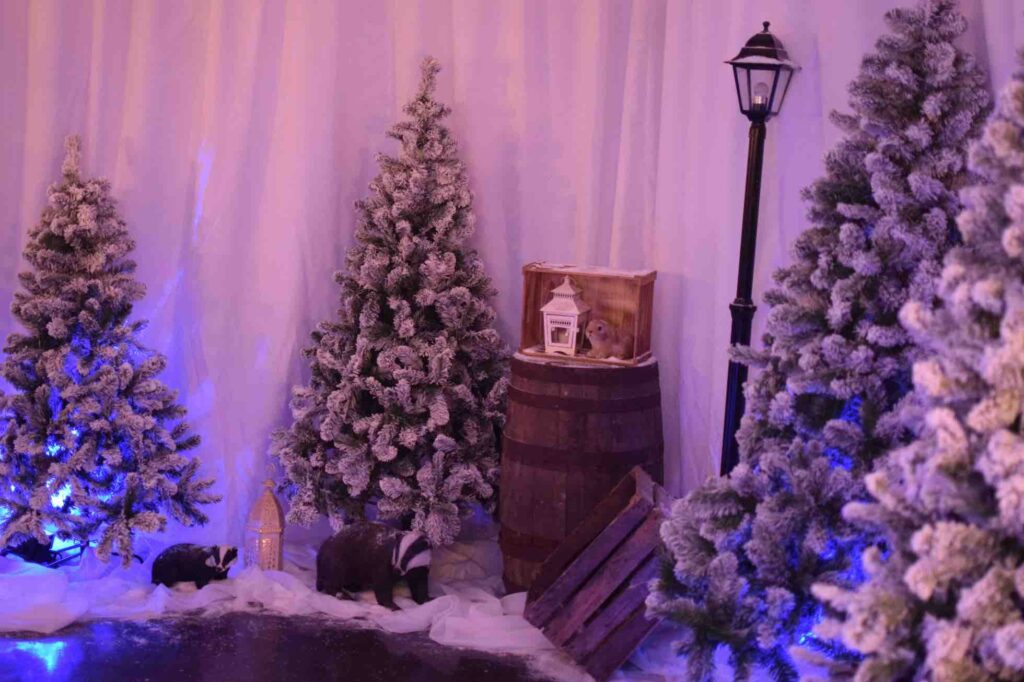 Winter Wonderland zone featuring woodland animals, fake snow and draping.