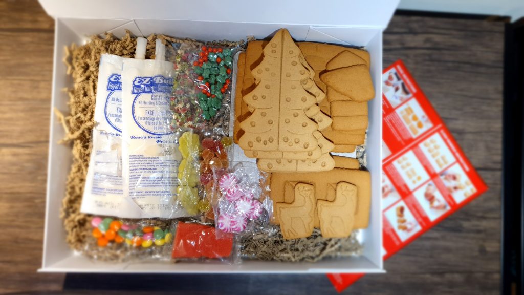 Gingerbread house making kit including all of the ingridients you need for this Christmas party idea