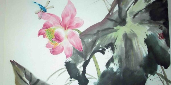 Pink-Flower-Chinese-Brush-Painting-With-Dragonfly