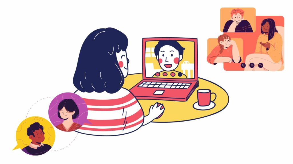 Drawing showing people interacting virtually online.