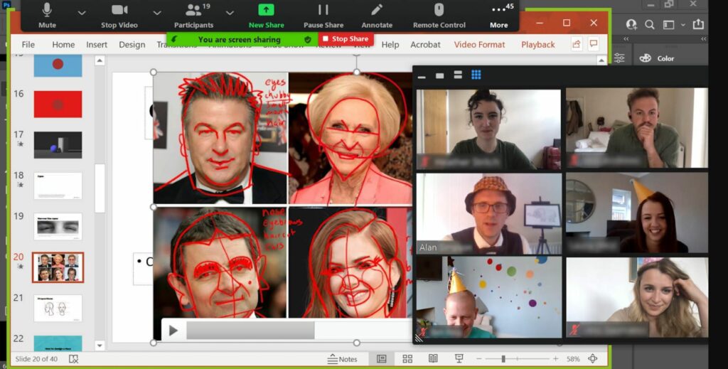 Presentation showing remote teams how to draw famous celebrities in caricature style for virtual team building caricature workshop