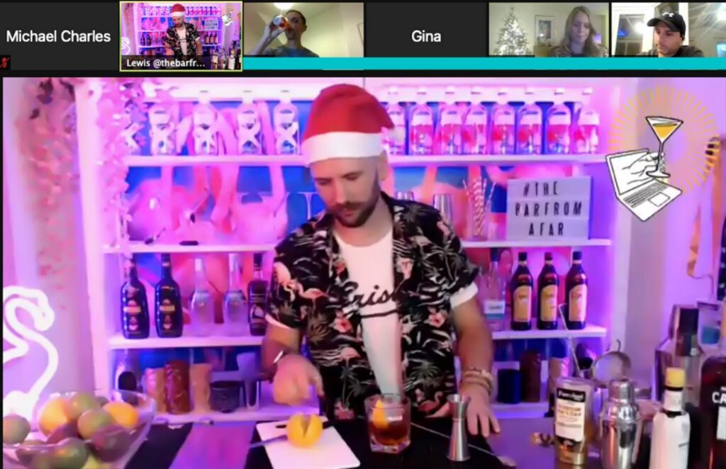Entertainer hosting a Virtual cocktail making party on Zoom for a LIVE audience.