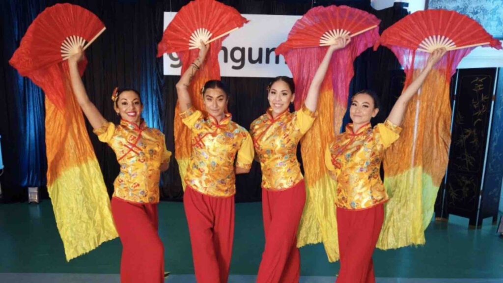 Traditional Chinese fan dance show being performed by Chinese new Year entertainment