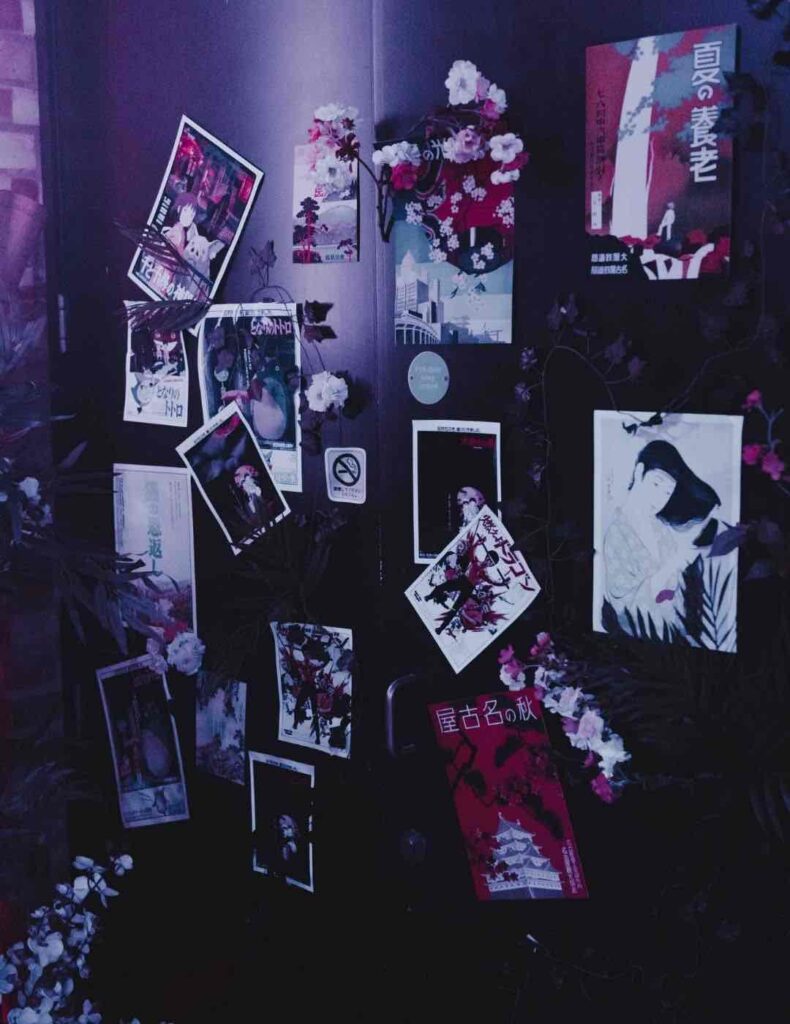 Custom Tokyo pop culture inspired posters used to decorate Japanese party space.