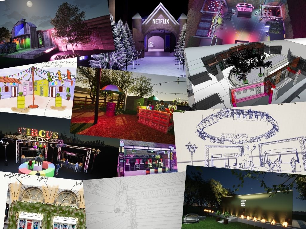 Collage of event designs using CAD software.