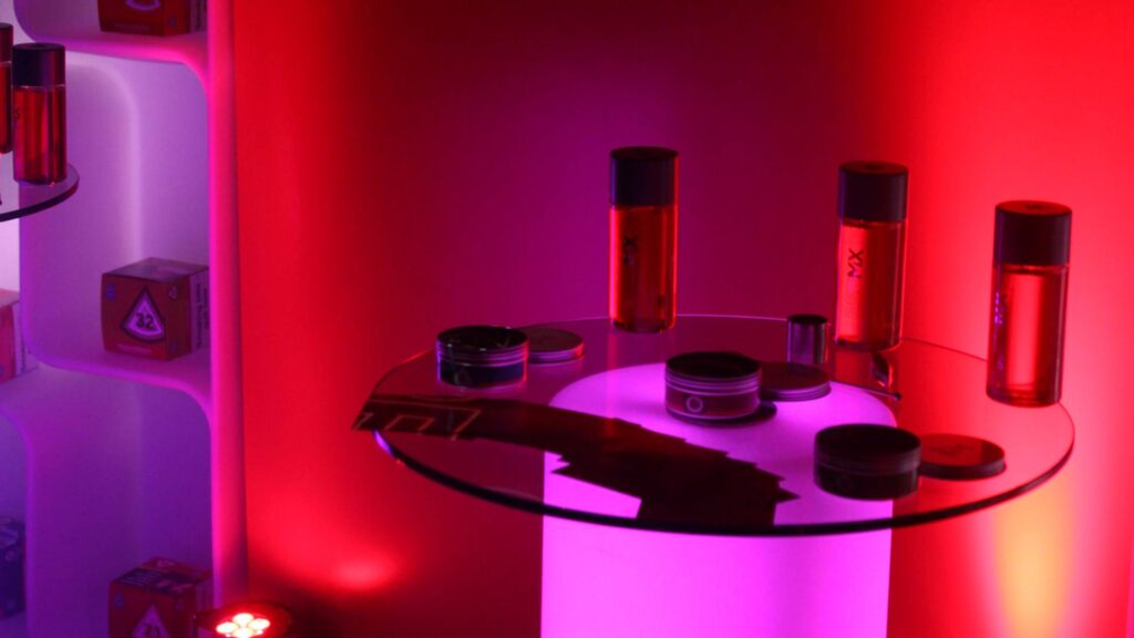 Red mix products at a brand activation.