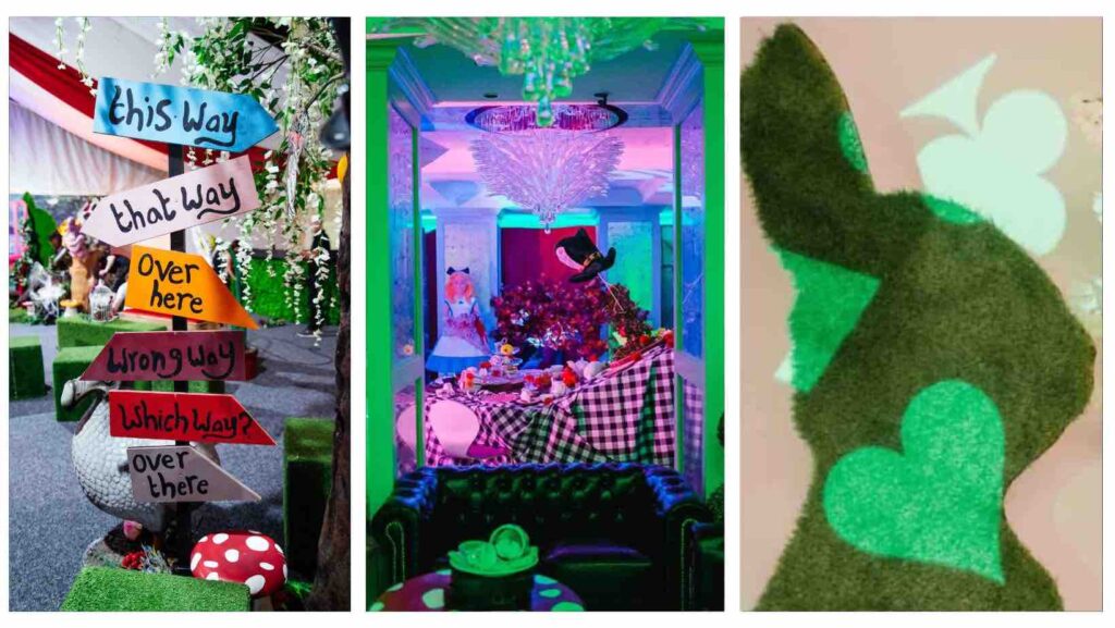 Alice in Wonderland Summer Party themes including this way that way signage, topiary rabbits, mad hatters tea party and more.