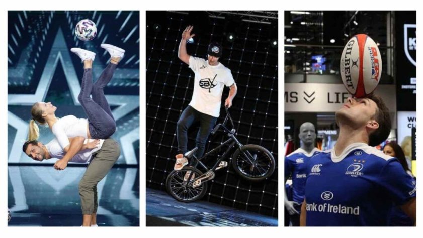 Collage image of football, BMX and Rugby freestylers.
