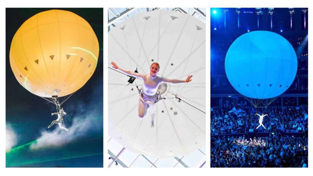 Collage image of aerial balloon shows being performed at stadiums.