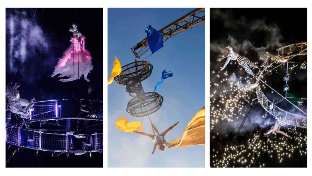 Collage image of aerial entertainers hanging from crane rigging.
