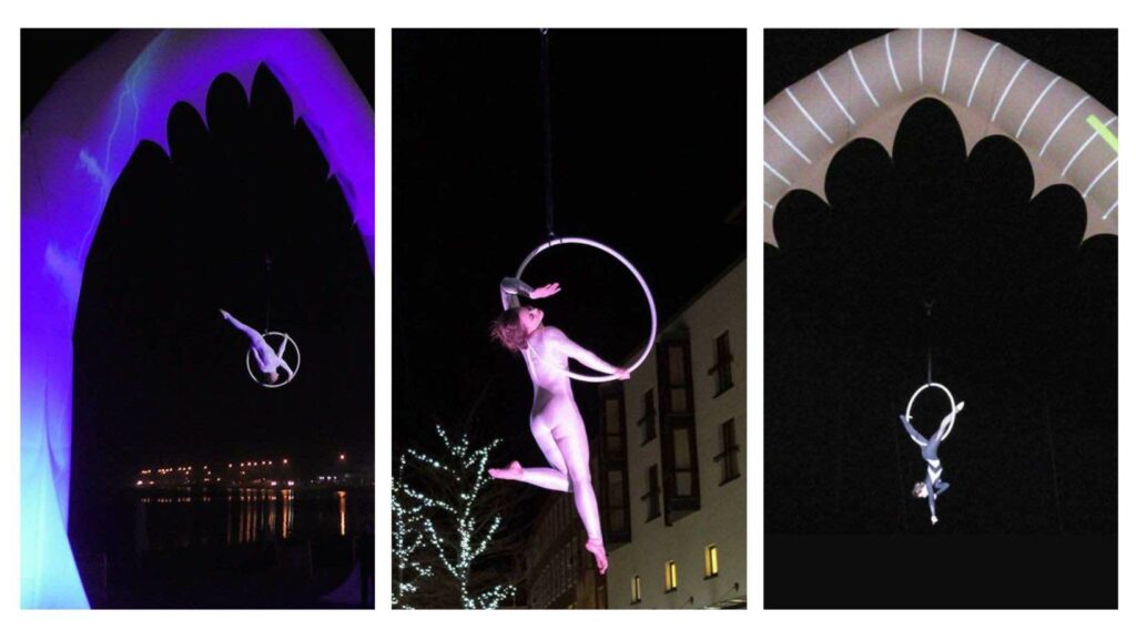 Collage image of aerial performers hanging from inflatable arch rigging.
