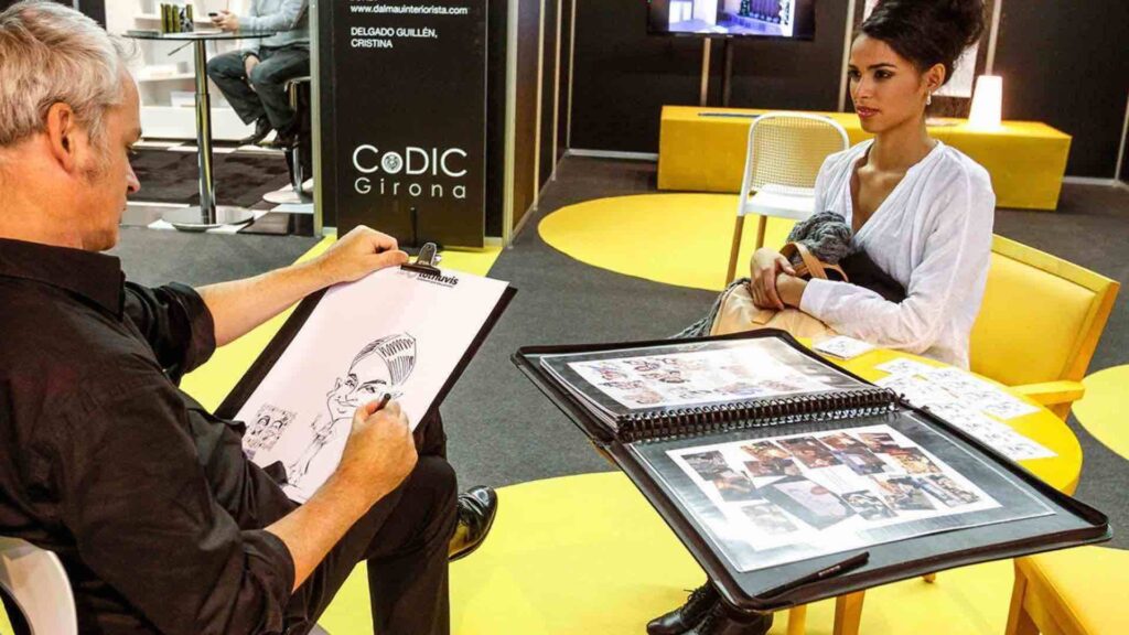 Caricature artist drawing guests at exhibition event