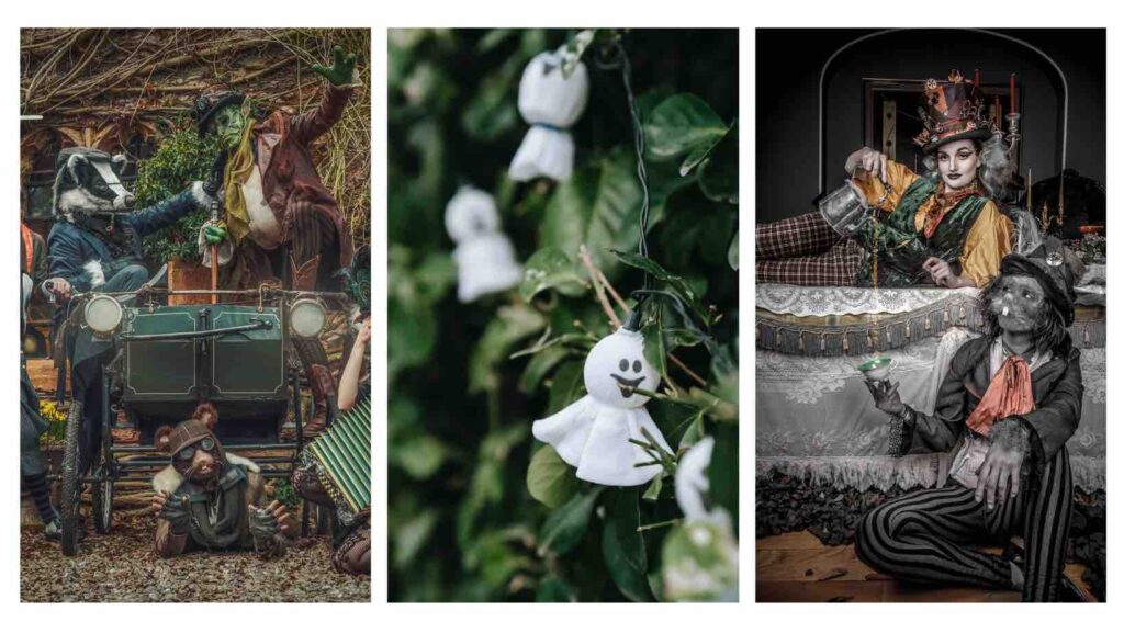 Collage of creepy garden halloween themed events.