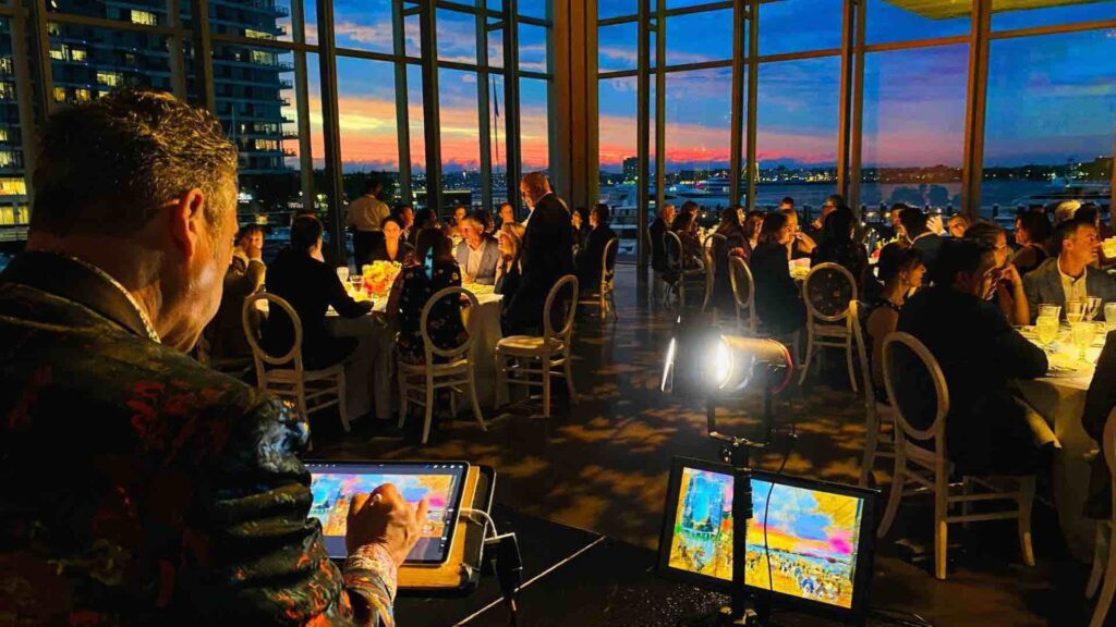 Digital artist draws guests and scenery at gala dinner event