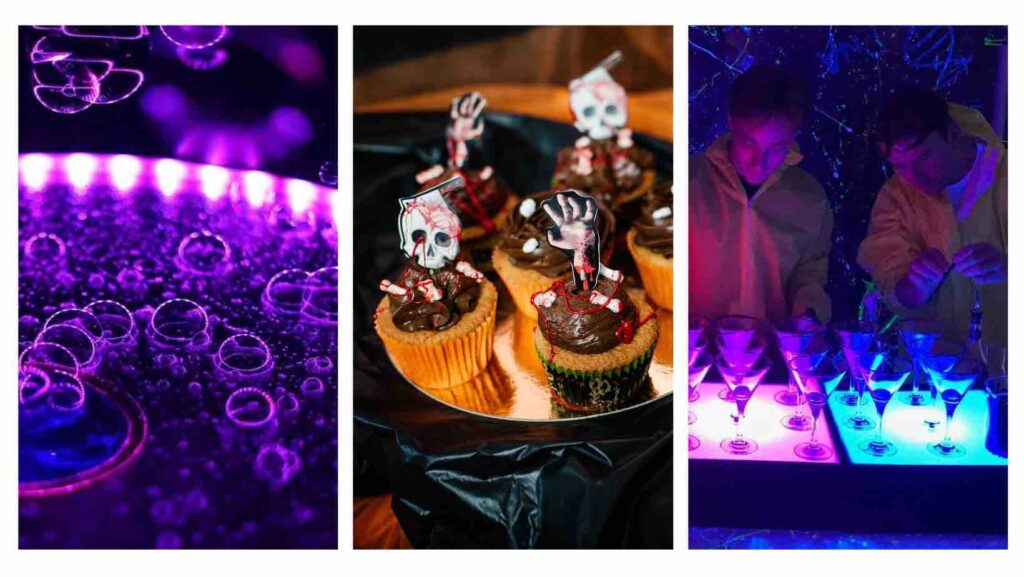 Collage of Halloween Catering Ideas including edible molecules and more.