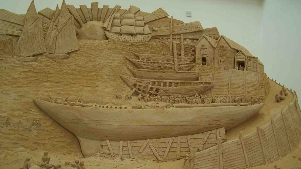 Close up of ship created from sand