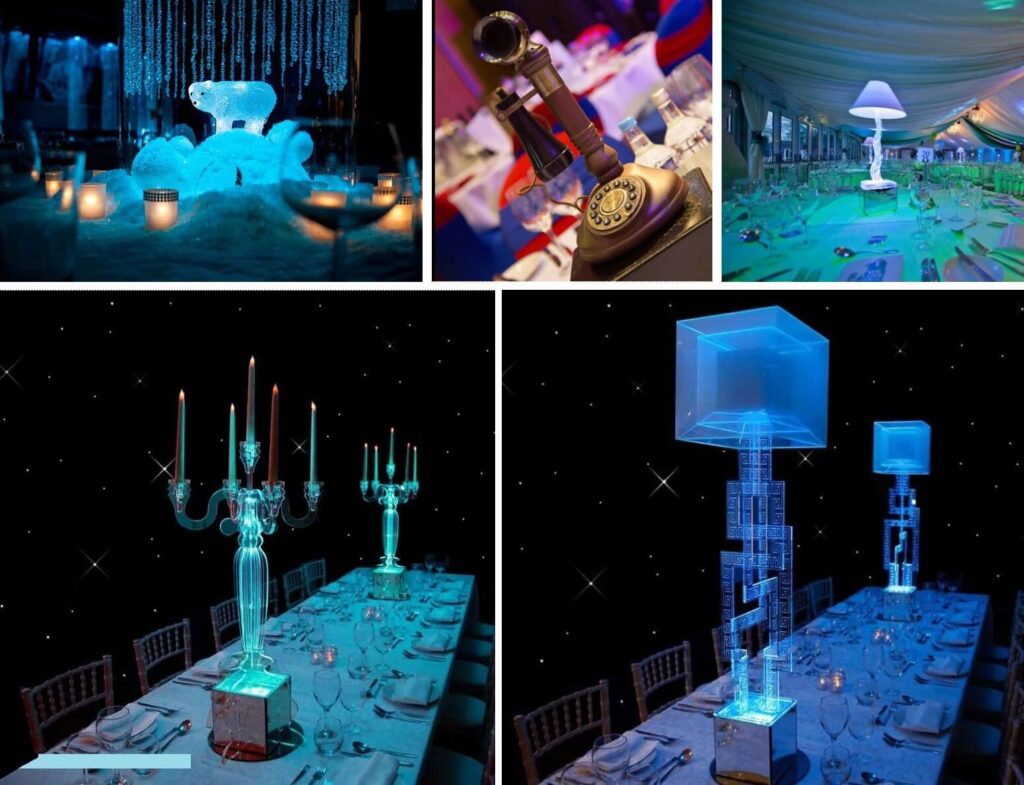 Collage image of table centrepieces at gala dinner events.