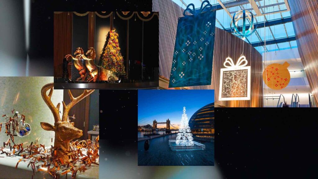 Classic Christmas Event theming and props used to decorate parties and events such as golden reindeer and hanging presents.