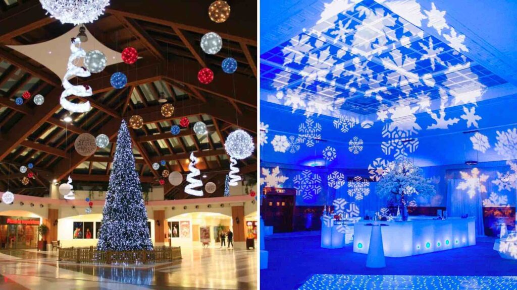 Christmas event theming including winter wonderland and classic christmas with 3d projection and trees.