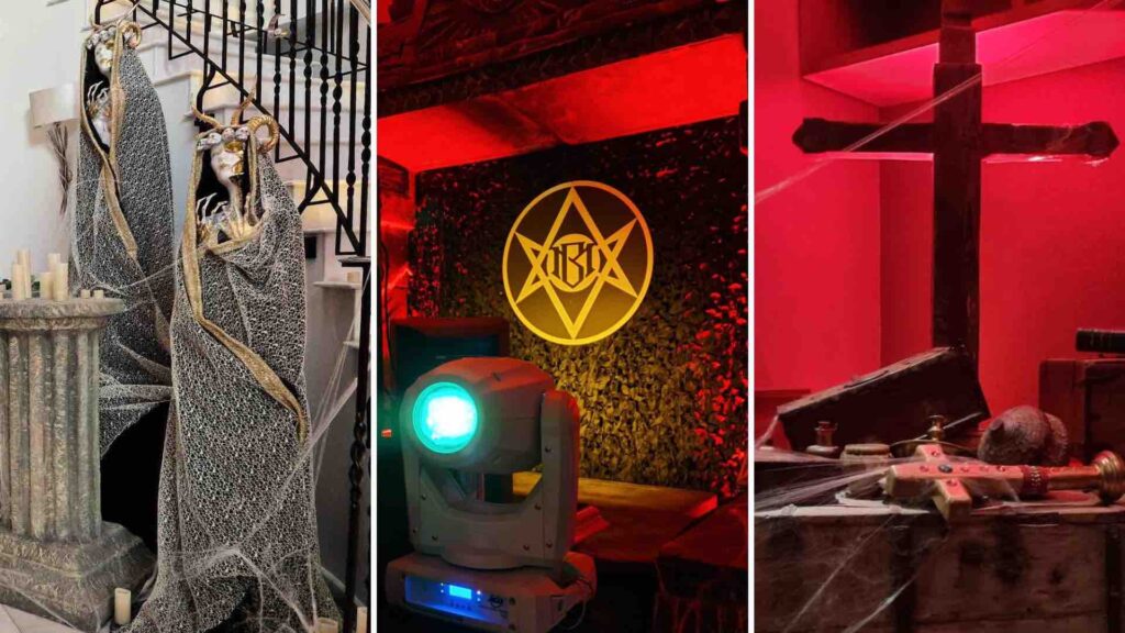 Cult horror party theming including bespoke logo and props.