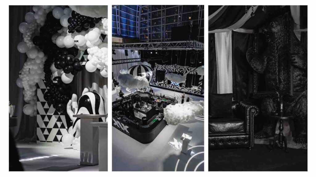 Black and white dream circus themes event including event props, monochrome balloon installations cloud props and more.