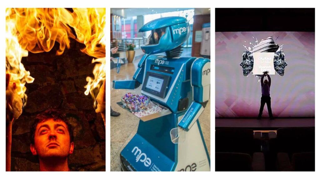Fire performer, event robot and projection mapping entertainment for conferences.