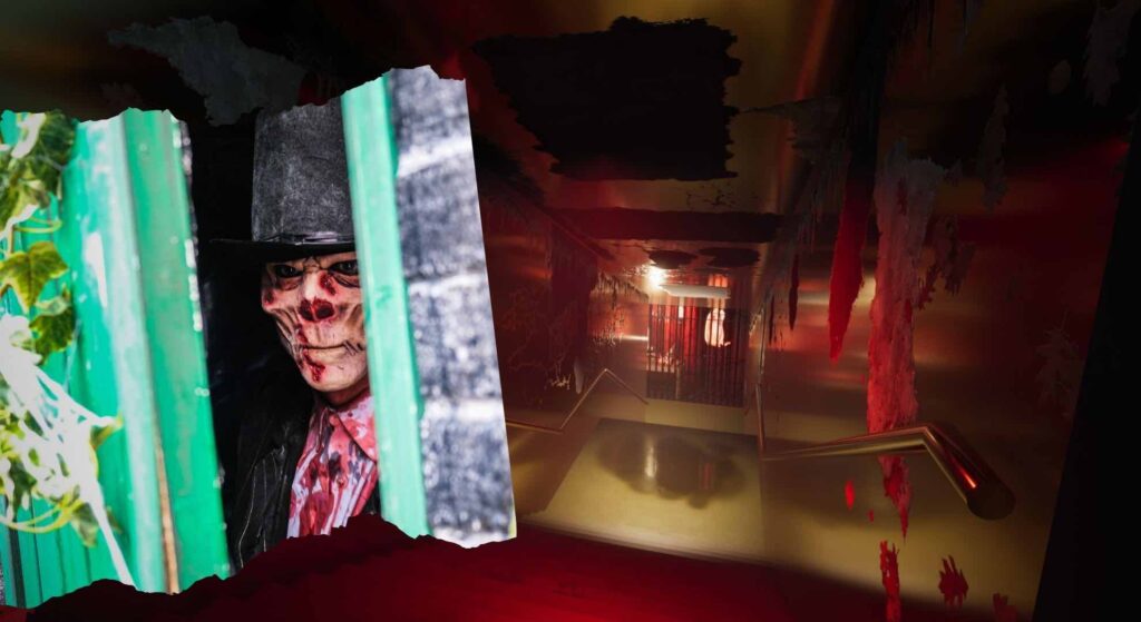 Fright maze design by Julia Charles including creepy stairwell and performer.