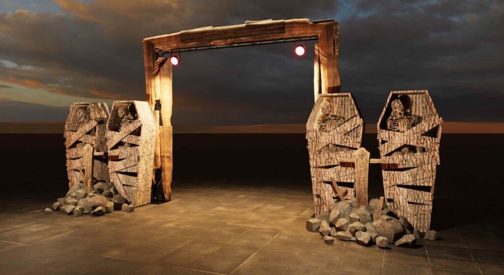 Spooky coffin Halloween scare maze attraction event design.