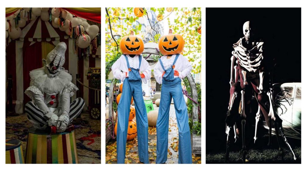 Collection of Halloween performers including a clown, pumpkin head stilt walkers and skeleton stilt walker.