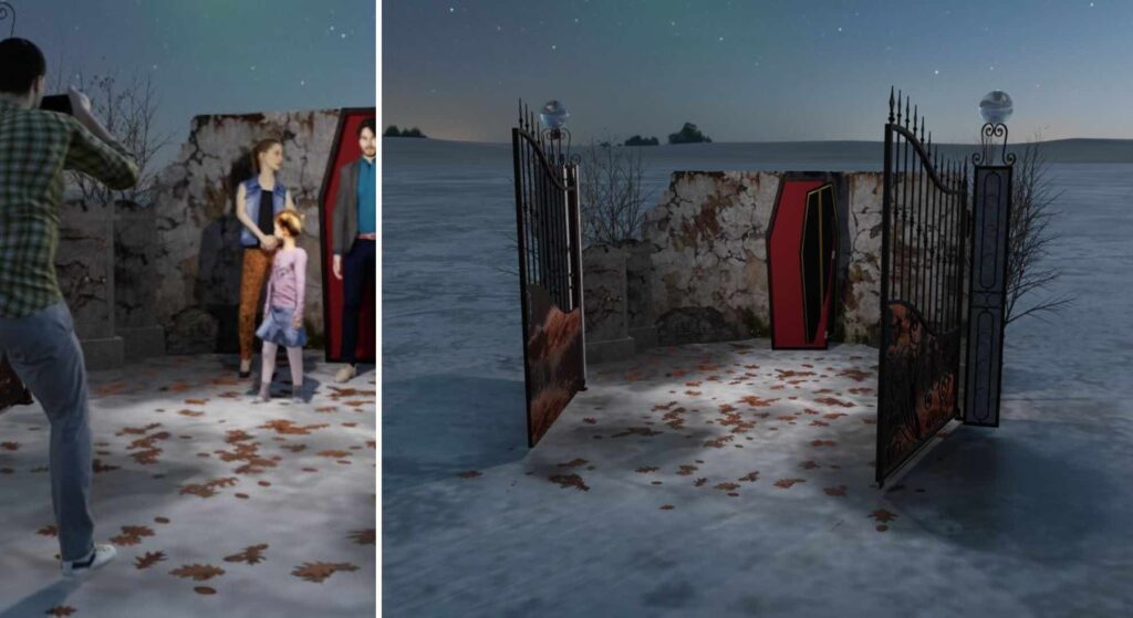 Bespoke scare attraction photo set design with a coffin and spooky halloween gates.