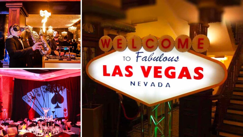 Las Vegas themed event for christmas corporate parties including the classic nevada sign.