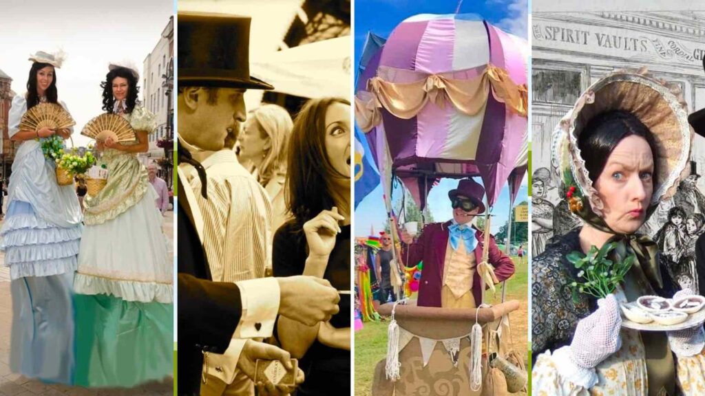 Victorian christmas theming for your corporate events such as magicians and literary characters.