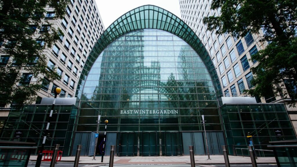 Front view of the exterior of the East Wintergarden venue and event space in Canary Wharf, London.