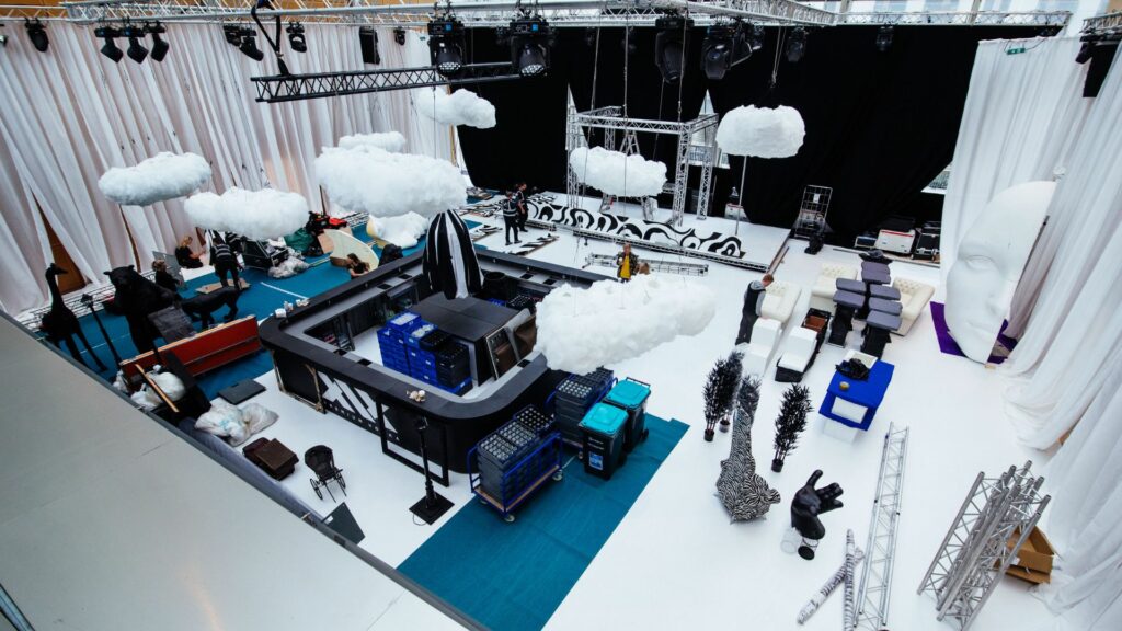 Overview of event space being transformed for the Sidemen Charity Football Match After Party 2022.