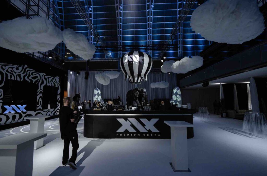 Floating balloon bar with XIX Vodka branding on front.