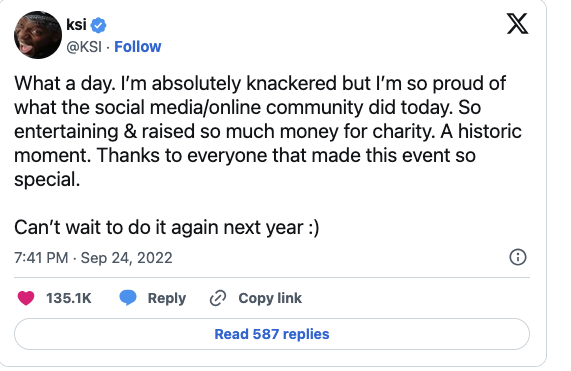 KSI twitter post