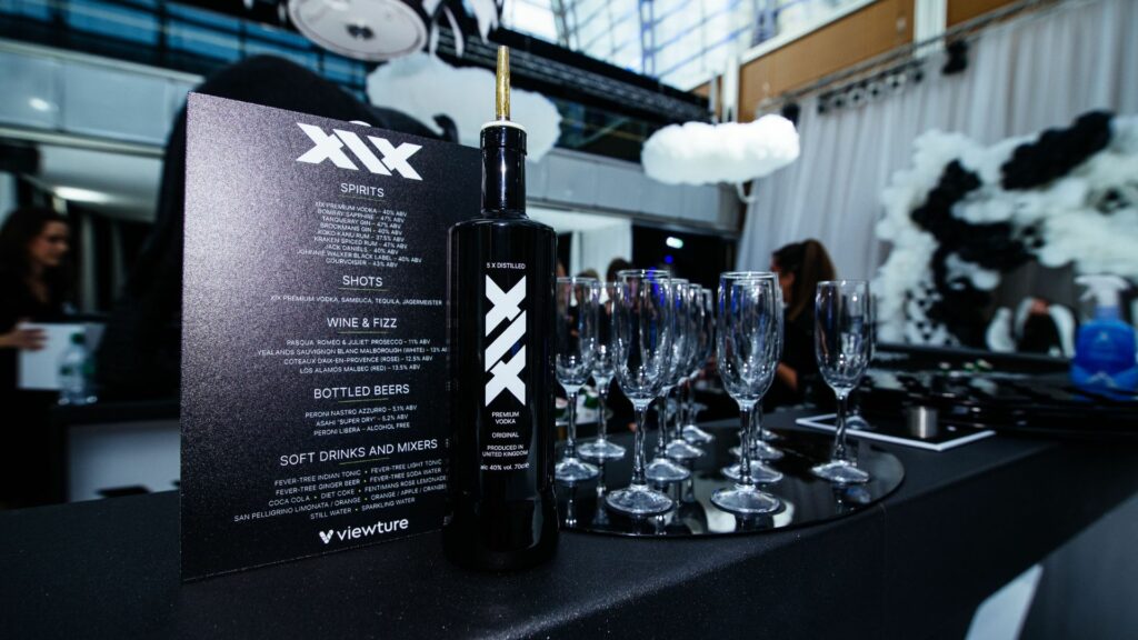 XIX Vodka and Bar Menu on bar surface.
