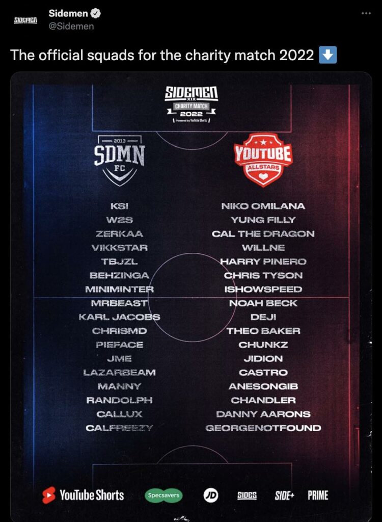 SDMN FC and YouTube Allstars Football Charity Match Lineup.