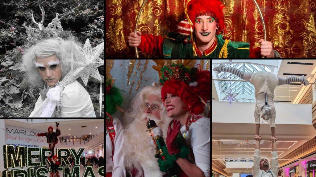 Acrobatic elves available for christmas events as perfect christmas event entertainment for public and private parties and occasions.