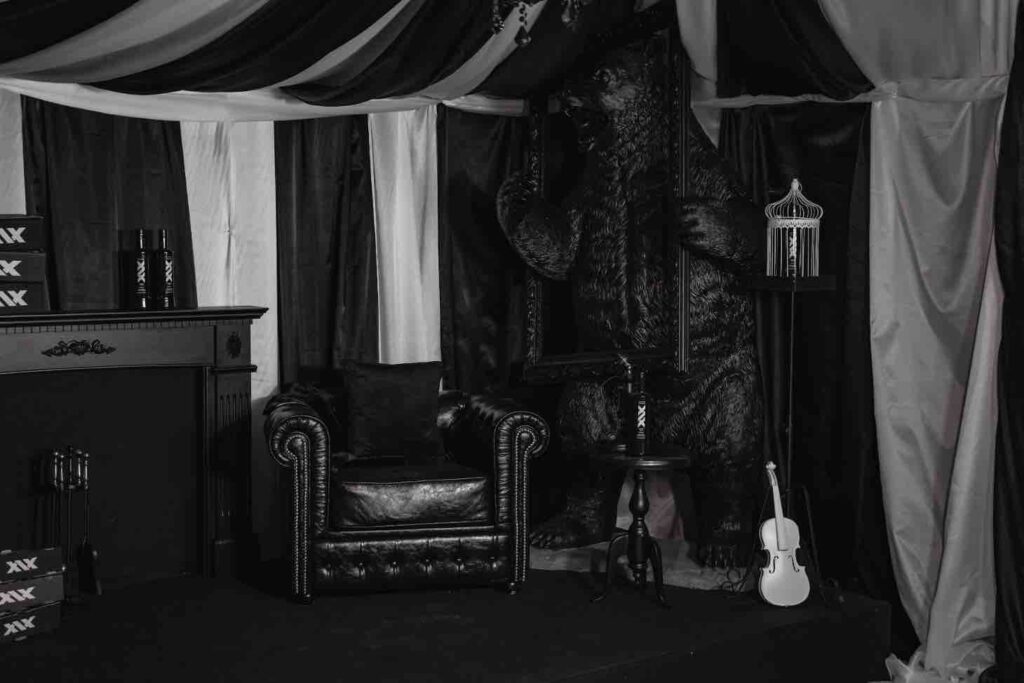 Night circus themed draping and other black and white props used as part of our dream circus event theming.